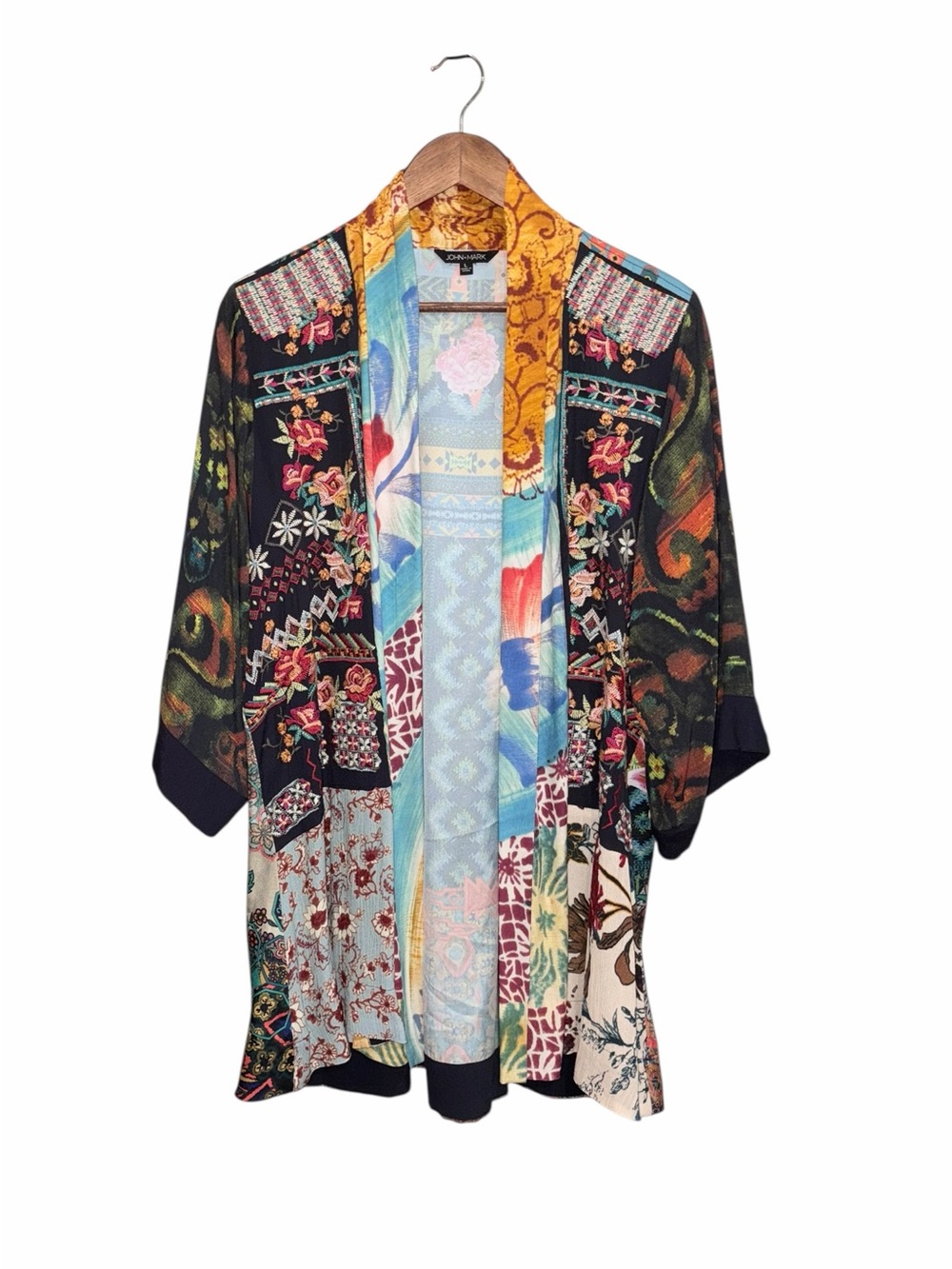 John Mark Floral Embroidered Patchwork Open Front Kimono/Cardigan Bohemian - Picture 2 of 8